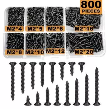 Набор из 800 шт. саморезов M2 черного цвета Phillips, фиксирующие винты и шурупы по дереву