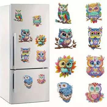 Набор из 8 алмазных картин, магнитная карта с головой совы, светоотражающее декоративное искусство своими руками, подходит для автомобилей, холодильников