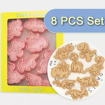 Набор из 8 формочек для печенья с изображением динозавра, пластиковая мультяшная прессуемая форма для печенья, кондитерские изделия, штамп для печенья, выпечка, инструменты для выпечки