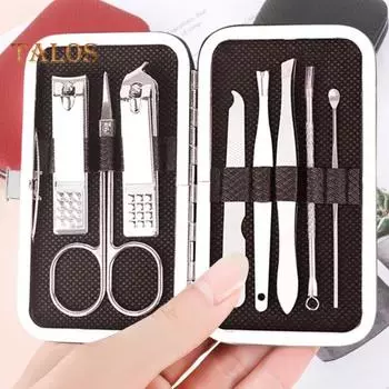 Набор из 8 щипчиков для ногтей, профессиональный набор из нержавеющей стали для маникюра и педикюра с футляром, кусачки для ногтей, пилочки, пинцеты, ушные палочки, компактный подарок для дома чёрный