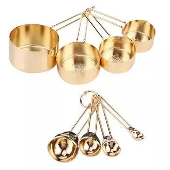 Набор из 8 штук мерных чашек и ложек из нержавеющей стали со шкалами, кухонный аксессуар для выпечки, золото золотой