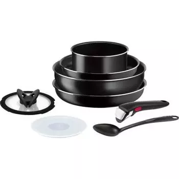 Набор из 8 сковородок и кастрюль Tefal со съемной ручкой для газовой плиты Ingenio Neo Turquoise Black с антипригарным покрытием и ложкой Epis L16398