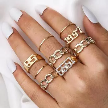Набор из 9 предметов, набор колец в стиле панк-золота с широкой цепочкой для женщин и девочек, модные тонкие кольца на палец нестандартной формы, подарок, женские ювелирные изделия для вечеринки