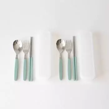 Набор из детской ложки и вилки Kamome Kitchen, ложка 2 шт. + 2 палочки для еды + вилка 2 шт. + чехол 2 шт., мятный