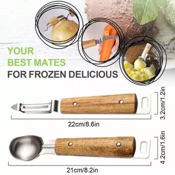 Набор из ложки для мороженого Leeseph из нержавеющей стали и ножа для чистки овощей в форме буквы I с деревянной ручкой, набор кухонных приспособлений для фруктового мороженого