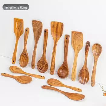 Набор из ложки для риса и антипригарной сковороды из тайской тиковой акации с длинными ручками. Round rice spoon