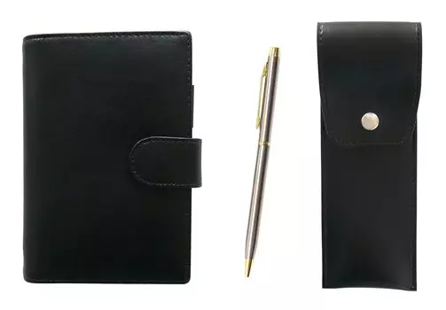 Набор из мини-блокнота Eco B7 из коровьей кожи и круглого футляра для ручки с шариковой ручкой черного цвета из нержавеющей стали 902 LS002B-BRSB-902 серебряный