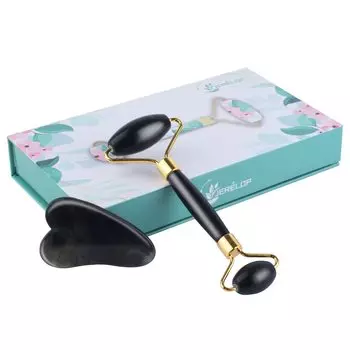 Набор из нефритового ролика и гуаша для массажа глаз и шеи с целью разглаживания морщин и устранения признаков старения натурального нефрита на лице, - 100% (черный) чёрный