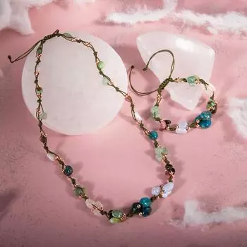 Набор из ожерелья и браслета Taurus Халцедон, кианит, хризопраз, голубой апатит, розовый кварц, цветной турмалин, зеленый авантюрин