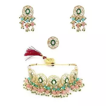 Набор из розовых и зеленых бусин, набор колье-колье Kundan Drops, серьги и кольца для женщин