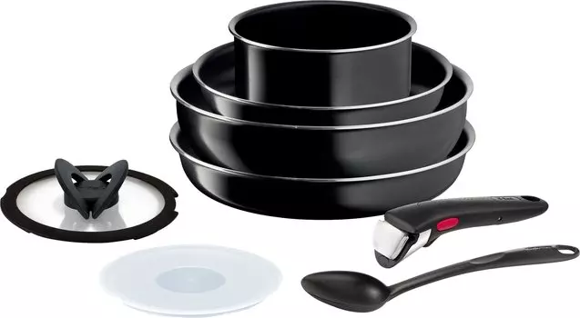 Набор из сковороды и кастрюли Tefal со съемными ручками для газовых плит Neo Black Titanium с ложкой Epis L43894, 8 предметов Ingenio Intense с антипригарным покрытием чёрный