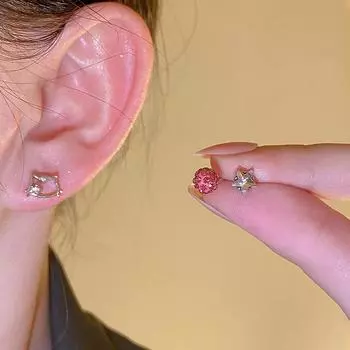 Набор из трех частей с розовым цирконом и звездами в форме кота, серьги со звездами модного и универсального дизайна, ювелирные изделия