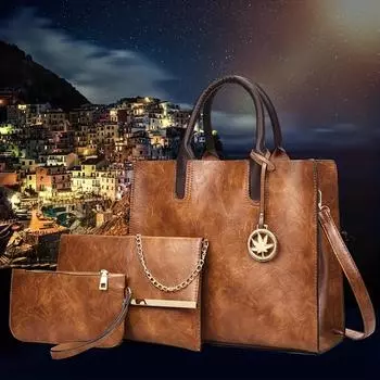 Набор из трех предметов в стиле ретро-гламур для женщин — модная сумка с шикарной цепочкой через плечо и удобный кошелек для монет — винтажный шарм и практичность коричневый