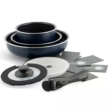 Набор кастрюль и сковород GREENPAN со съемной посудомоечной машиной IH, не содержит вредного керамического покрытия PFAS, легко снимается, ручки Oxford Blue из 8 частей, газовая, безопасная, оксфорд-синий