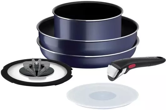 Набор кастрюль и сковородок Tefal со съемными газовыми ручками Neo French L16490 из 6 предметов, пламя, Ingenio Blue , антипригарное покрытие французские синий