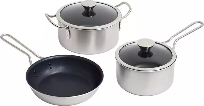 Набор кастрюль и сковородок Urushiyama Metal Industry Идеальный размер для приготовления пищи для одного человека. Тефлоновое платиновое покрытие. Сделано в Японии. Продукт SG. серебряный