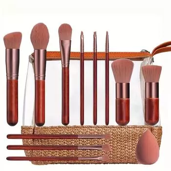 Набор кистей для макияжа, 11 шт., включает тональную основу, пудру, консилер, тени для век, румяна, косметические кисти с сумкой-органайзером, косметические инструменты 11 PCS коричневый