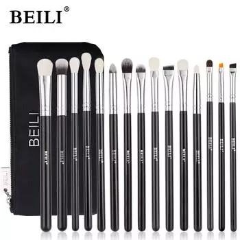 Набор кистей для макияжа глаз BEILI, 15 шт., набор кистей для теней для век из натуральной козьей шерсти, мягкие синтетические консилеры для растушевки, подводка для глаз с сумкой