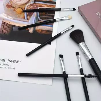 Набор кистей для макияжа из 7 предметов, кисть для румян, кисть для теней, кисть для губ, портативная кисть для ресниц, кисть для бровей 7pcs чёрный