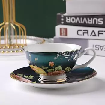 Набор кофейной чашки и блюдца из британского костяного фарфора, простая керамическая кофейная чашка с печатным рисунком, европейская чашка и блюдце, сувенирный подарок 220ml темно-зеленого