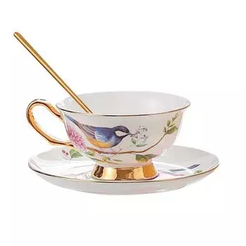 Набор кофейной чашки и блюдца из костяного фарфора, Премиальный подарочный набор, Набор чайника, чашки, блюдца и ложки с цветочным рисунком, Чашка с золотой ручкой Пение птиц и аромат цветов .