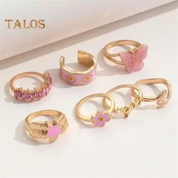 Набор колец из 7 шт., сверкающие стразы, бабочка, цветок, звезда, миди-кольца из гальванического сплава, набор колец на костяшки пальцев для женщин и девочек, повседневная одежда розовый