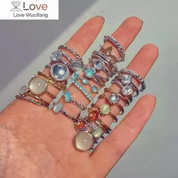 Набор колец с разноцветными камнями для женщин и девочек, модные металлические цепочки, геометрические квадратные и круглые кольца, ювелирные изделия, подарки, аксессуары 7
