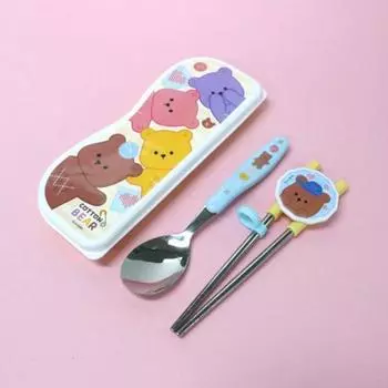 Набор корректирующих палочек для еды двумя руками Leburn Cotton Bear, разные цвета, ложка + палочки + футляр