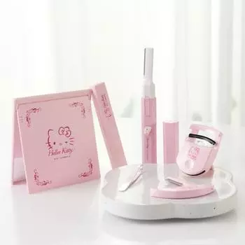 Набор косметических аксессуаров KAI Hello Kitty, 5 предметов (щипцы для завивки ресниц, пинцет, гребешок для туши, зеркало, звуковая электробритва), Корейская косметика