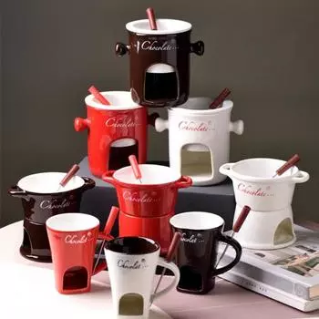 Набор кружек для шоколадного фондю, керамическая кружка для плавления шоколада с вилкой, свеча для свечей, горшочек для фондю для шоколадного сыра, масла A красный