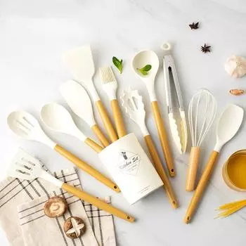 Набор кухонной посуды с силиконовой ручкой из полипропилена, 12 предметов, набор кухонных принадлежностей из силикона, кухонные гаджеты, кухонные инструменты с ведром для хранения