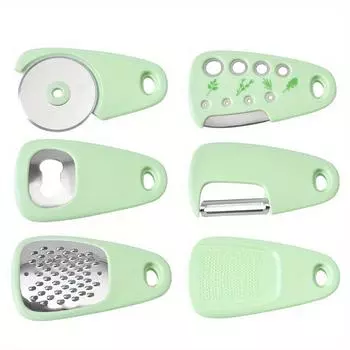 Набор кухонных гаджетов из 6 предметов: Терка для сыра, открывалка для бутылок, овощечистка и фруктовый нож, резак для пиццы, измельчитель чеснока, приспособление для удаления зелени - основные кухонные инструменты зелёный