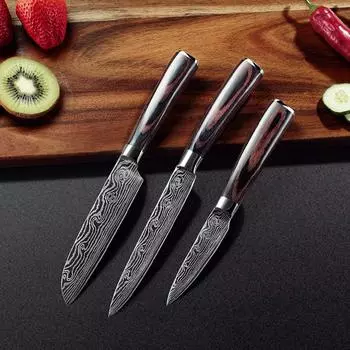 Набор кухонных ножей для фруктов, 3 шт., наборы ножей с узором из дамасской стали, нож для очистки овощей Сантоку, универсальный нож для нарезки
