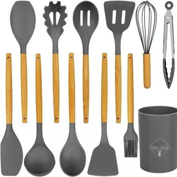 Набор кухонных принадлежностей 12 шт. Силиконовые кухонные принадлежности Набор силиконовых лопаток Набор деревянных принадлежностей Силиконовые принадлежности для приготовления пищи чёрный