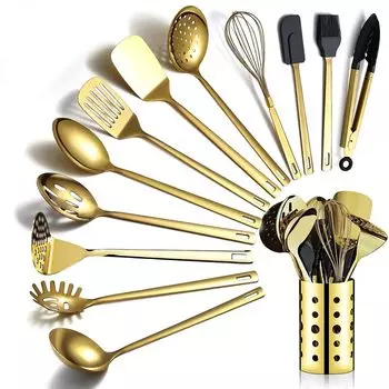 Набор кухонных принадлежностей Evanda из 13 золотых изделий из нержавеющей стали с титановым покрытием, кухонные принадлежности, принадлежности для выпечки, лопатка для пасты, лопатка