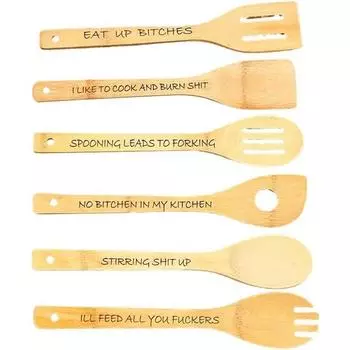 Набор кухонных принадлежностей из бамбуковой лопатки из 6 предметов с выгравированными забавными высказываниями