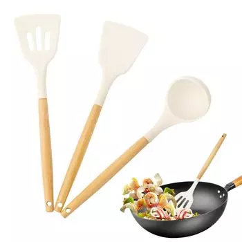 Набор кухонных принадлежностей Силиконовые кухонные принадлежности Набор кухонных принадлежностей Лопатка Половник Щипцы Венчик Высокотемпературные деревянные кухонные принадлежности Кулинарные принадлежности