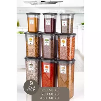 Набор квадратных контейнеров для хранения продуктов Passion Home из 9 предметов с маркировкой Modernity (1750 мл X3- 1200 мл X3 - 450 мл X3 ) банка для специй