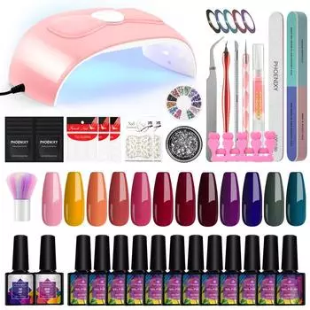 Набор лаков для ногтей PHOENIXY, 12 цветов, гель-лак для ногтей с УФ-светодиодной вилкой 54 Вт, вилка для кутикулы, салфетки для снятия лака, наклейки для французского маникюра, набор инструментов для дизайна ногтей set 01