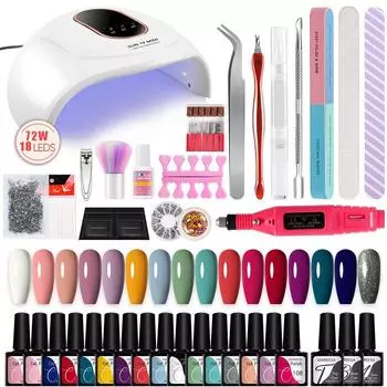 Набор лаков для ногтей VANREESA, 16 шт., гель для замачивания ногтей с лампой для сушки ногтей 72 Вт, фреза для ногтей с набором аксессуаров для дизайна ногтей для дизайна