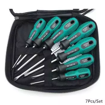 Набор магнитных отверток Professional Cushion Grip 4 плоские и 3 крестовые отвертки с противоскользящим покрытием для ремонта и улучшения мастерства 7Pcs/Set зелёный