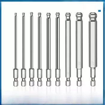 Набор магнитных шестигранных отверток из стали S2 с шаровой головкой и шестигранной рукояткой для пневматической/электрической отвертки. 50mm flat head 9pcs