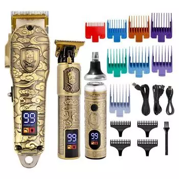 Набор машинок для стрижки волос 3 в 1: Многофункциональная машинка для стрижки волос с масляной головкой, машинка для карвинга, цифровой дисплей и устройство для удаления волос из носа. HT-658 серый/дым