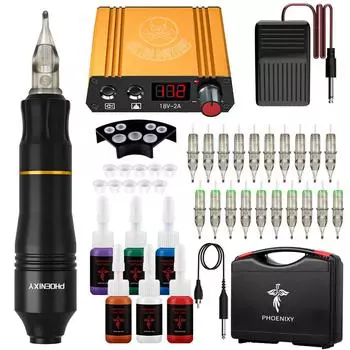 Набор машинок для тату-ручки PHOENIXY, полная мощность татуировки для начинающих с иглами для татуировки, аксессуары, принадлежности для татуировки, боди-арта 6colors inks