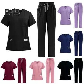 Набор медицинских скрабов, костюм из 2 предметов, функциональные скрабы для медсестер, врачей, топ с v-образным вырезом, брюки для бега, комплект униформы для больничного персонала с 9 карманами 2XL озеро синий