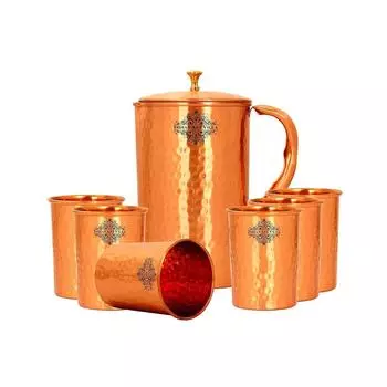 Набор медной посуды для напитков, 1 кувшин и 6 стаканов в подарочной коробке, дизайн с кованой матовой отделкой, подарочный предмет на Дивали. Кувшин - 1,5 литра, стакан - 300 мл