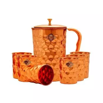 Набор медной посуды для напитков из 1 кувшина и 6 стаканов в подарочной коробке с дизайном «чеканка молотком», подарочный предмет на Дивали, кувшин - 1,5 литра и стакан - 300 мл