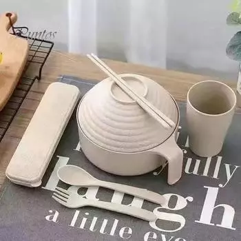 Набор мисок для приготовления рамена в микроволновой печи с крышкой и столовыми приборами, легкая миска для лапши быстрого приготовления, предметы первой необходимости для студенческого общежития бежевый