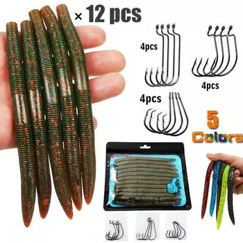 Набор мягких рыболовных приманок с наживкой для дождевых червей и кривошипными крючками, рыболовные аксессуары, приманки с червями красный