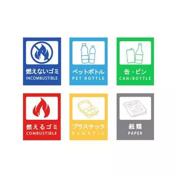 Набор наклеек для сортировки мусора Aoouik из 6 штук 15x12 см ПЭТ (Сжигаемый мусор, негорючий мусор, бутылки/банки, бутылки, пластик, документы)